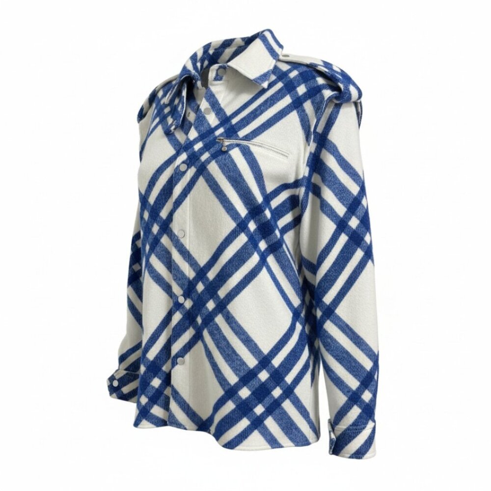Burberry Women’s Check Wool Shirt | Equestrian Knight Logo Plaid Top Size 4 Blue - Picture 2 of 8